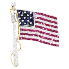 Vintage 18K White Gold Ruby Sapphire Diamonds America Flag Brooch