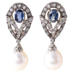 Vintage 18K White Gold Sapphire Diamond and Pearl Drop Earrings