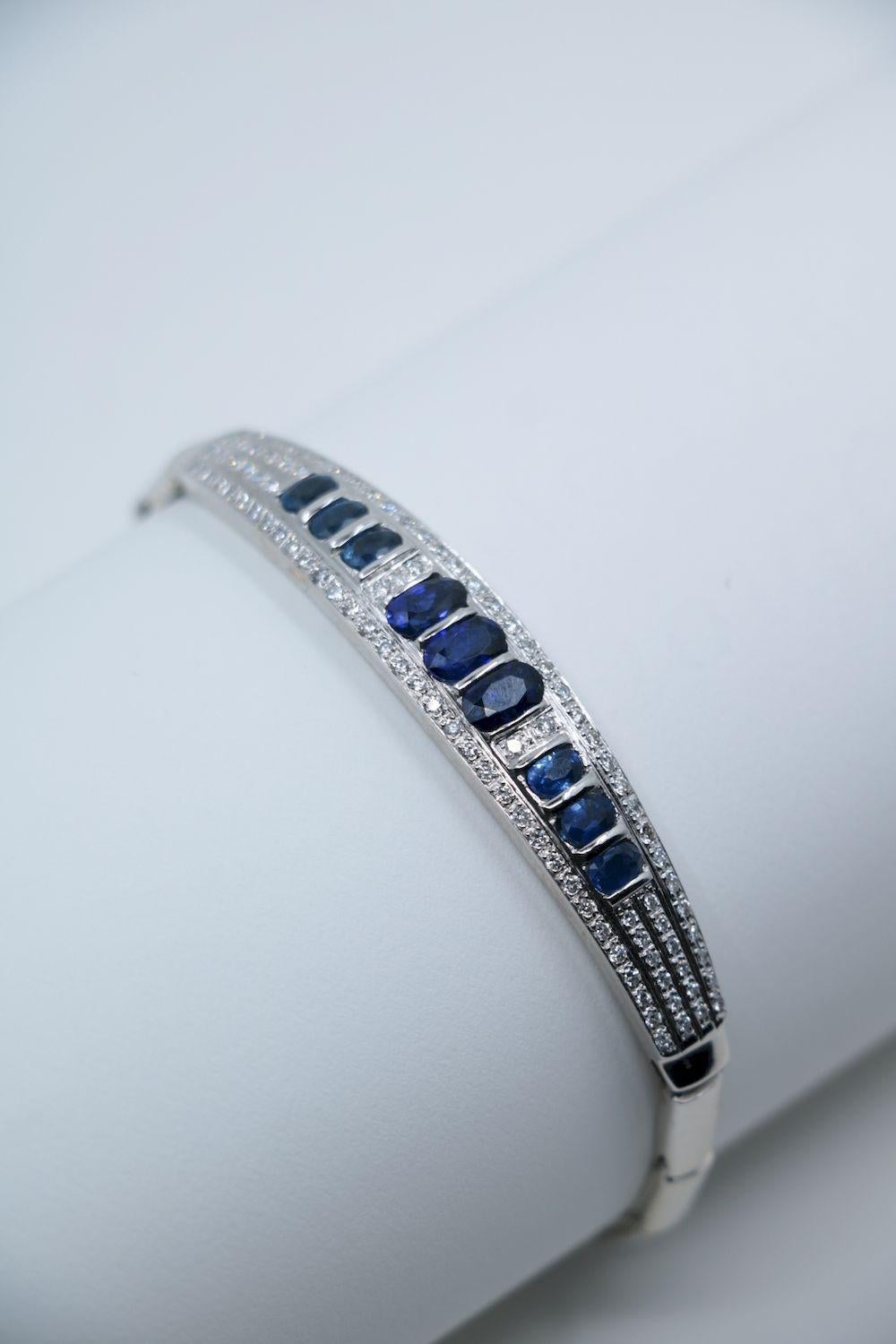 Round Cut Vintage 18K White Gold Sapphire Diamond Bracelet