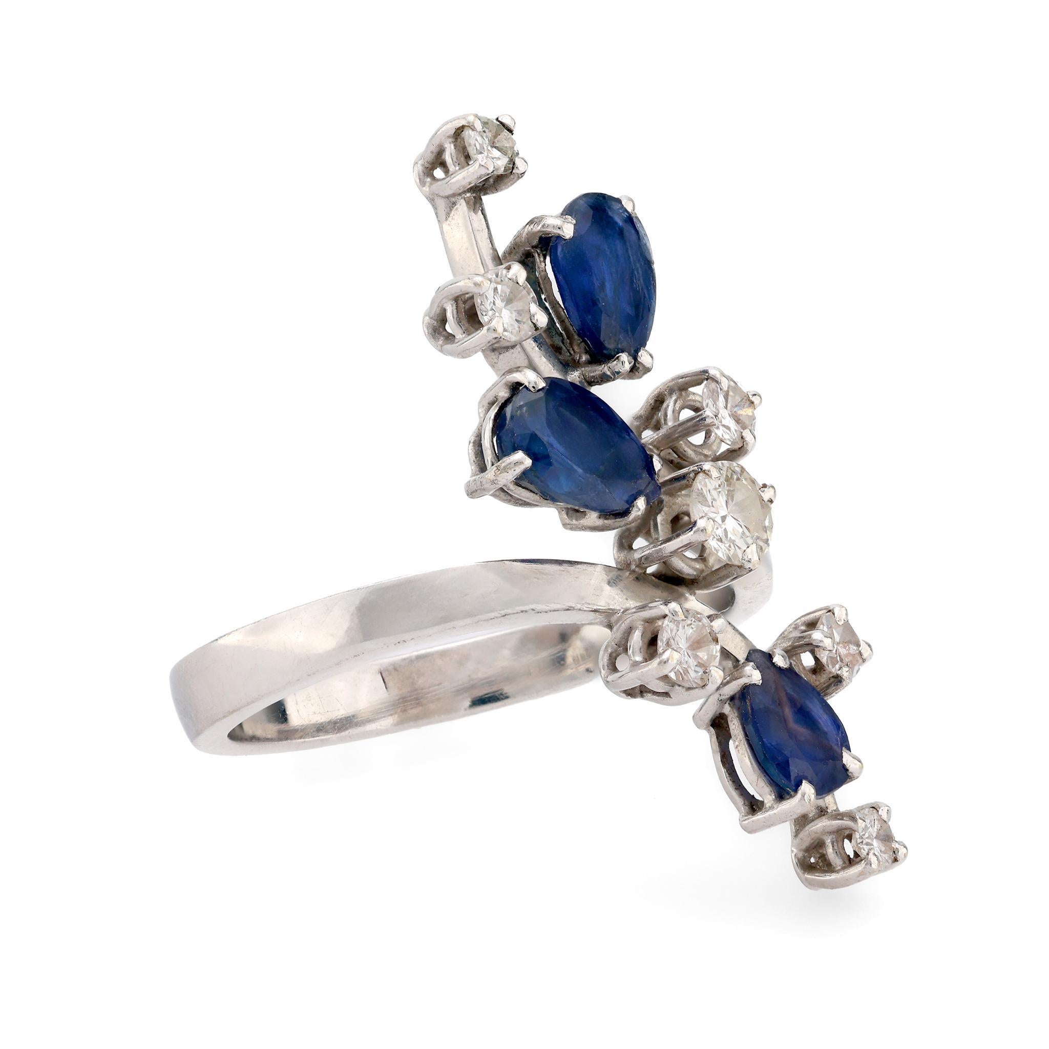 Pear Cut Vintage 18k white gold sapphire diamond cocktail ring For Sale