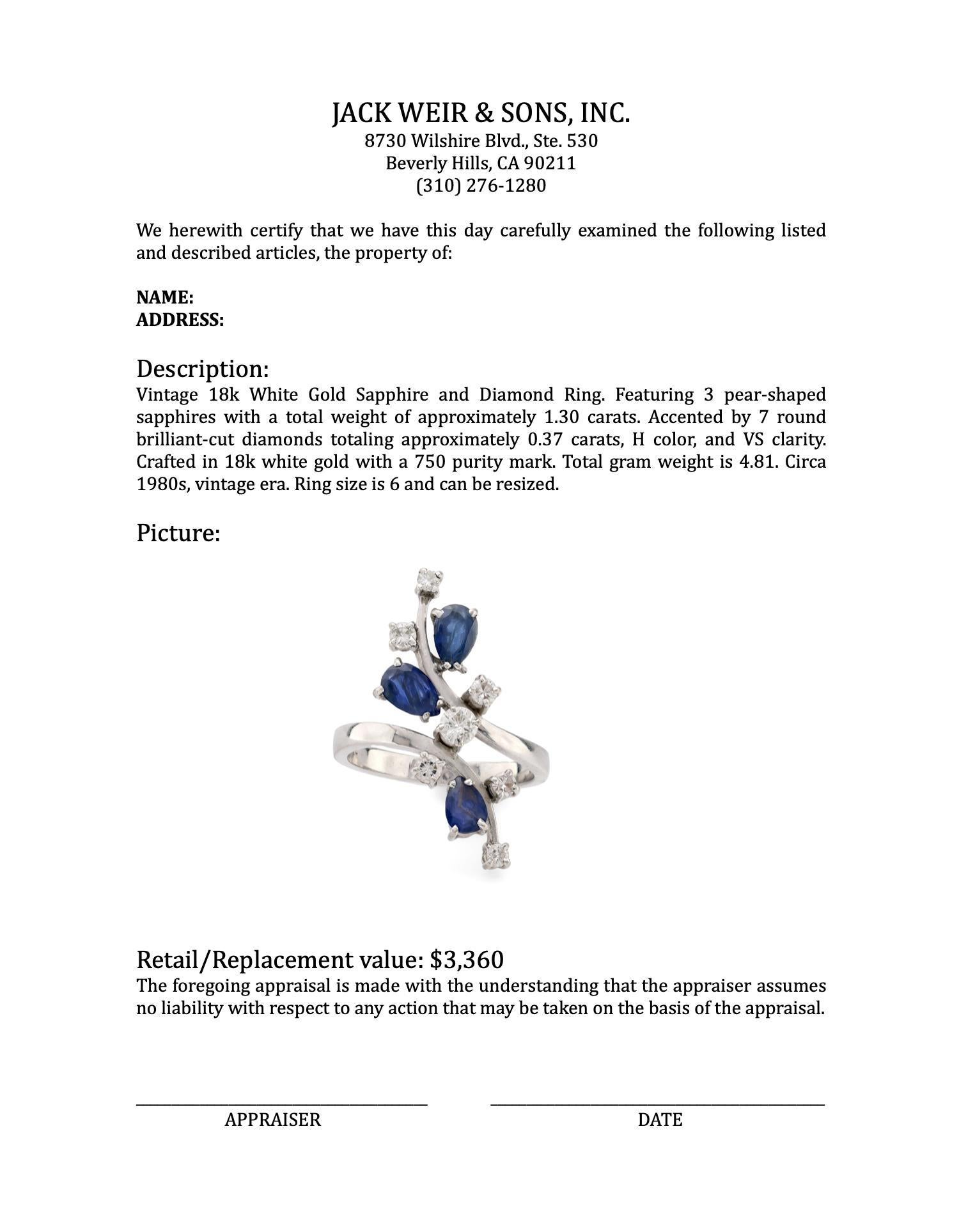 Women's or Men's Vintage 18k white gold sapphire diamond cocktail ring For Sale