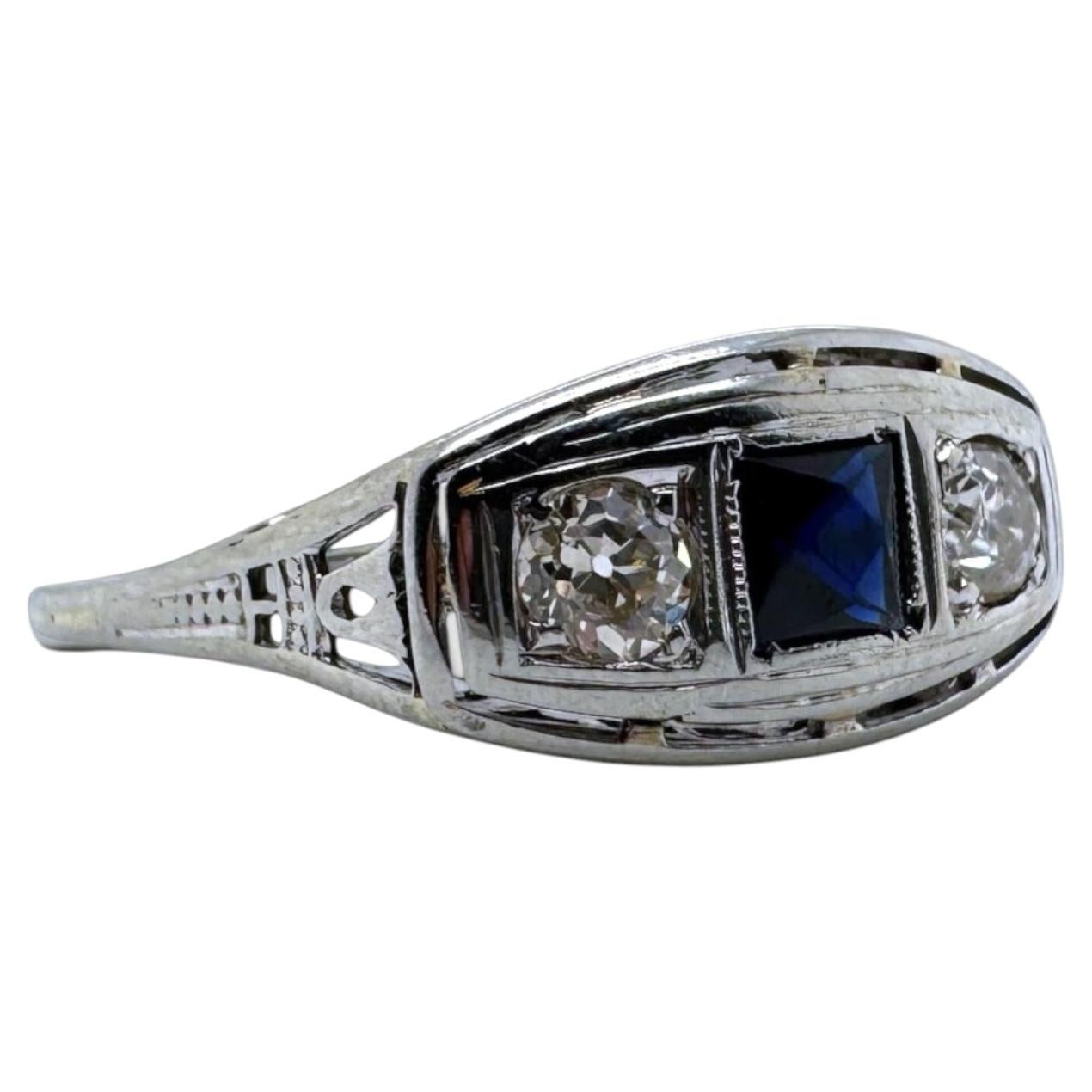 Vintage 18K White Gold Sapphire & Diamond Three Stone Ring