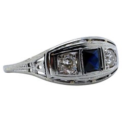 Vintage 18K White Gold Sapphire & Diamond Three Stone Ring