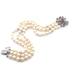 Vintage 18k White Gold Sapphire & Ruby Floral Clasp Three Strand Pearl Bracelet