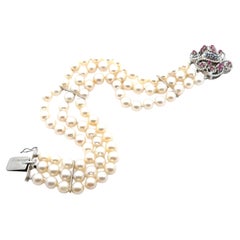 Vintage 18k White Gold Sapphire & Ruby Floral Clasp Three Strand Pearl Bracelet