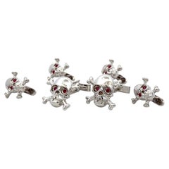 Vintage 18K White Gold Skull Locking Cufflinks and Buttons with 1 Carat Ruby