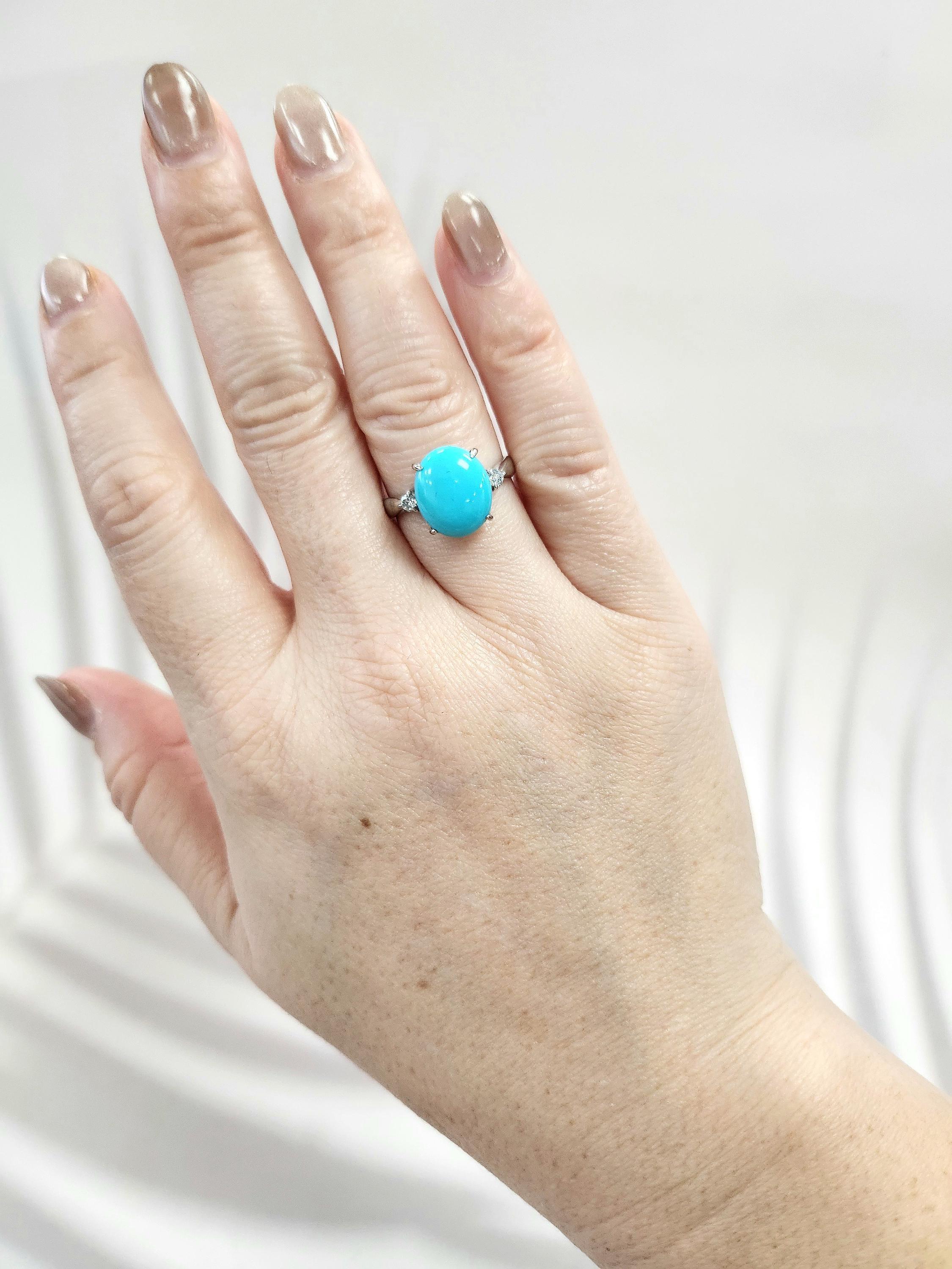 Contemporary Vintage 18K White Gold Sleeping Beauty Turquoise Ring with Diamond Accents For Sale
