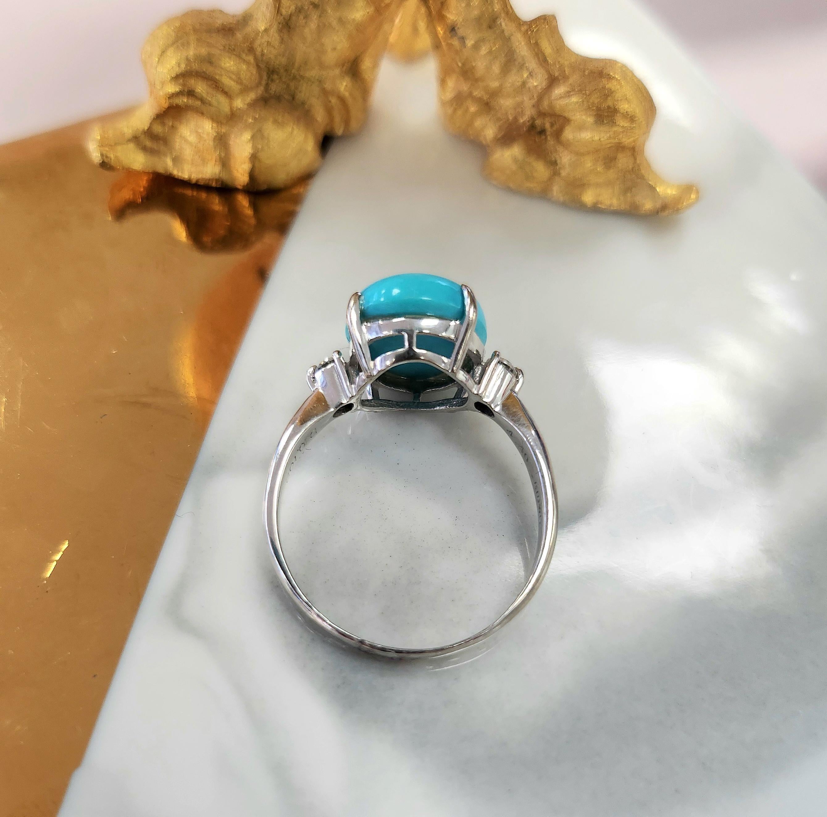 Women's Vintage 18K White Gold Sleeping Beauty Turquoise Ring with Diamond Accents For Sale