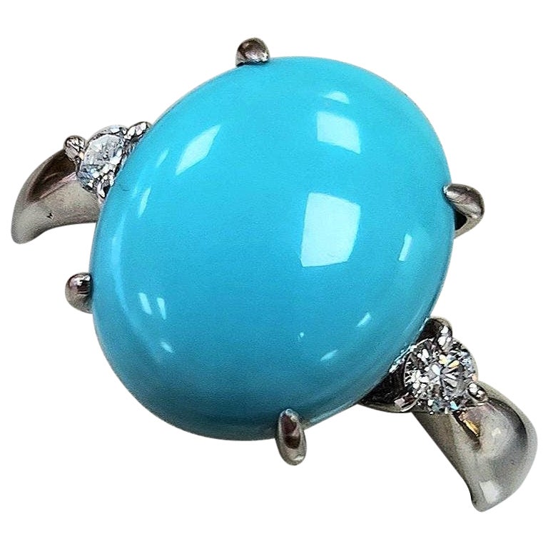 Vintage 18K White Gold Sleeping Beauty Turquoise Ring with Diamond Accents For Sale