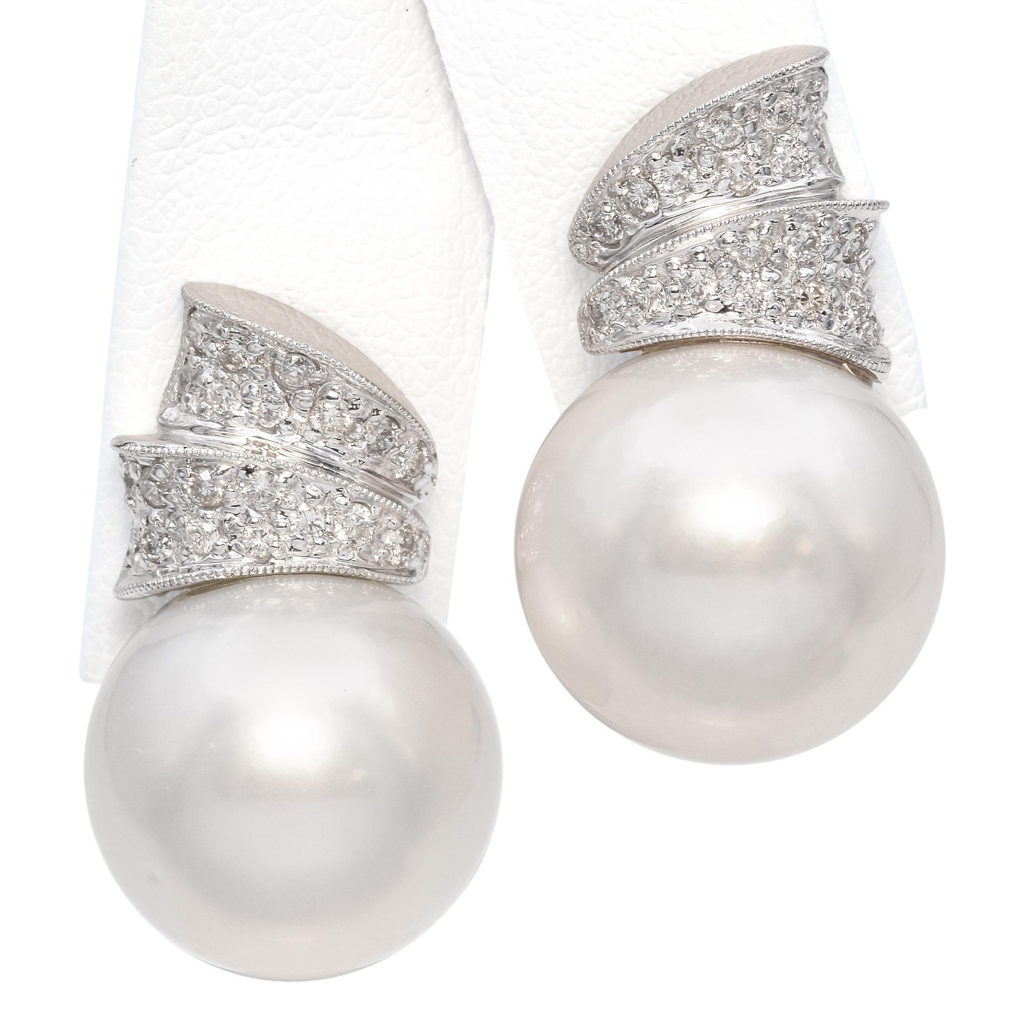Uncut Vintage 18k White Gold South Sea Pearl and Diamond Drop Earrings For Sale