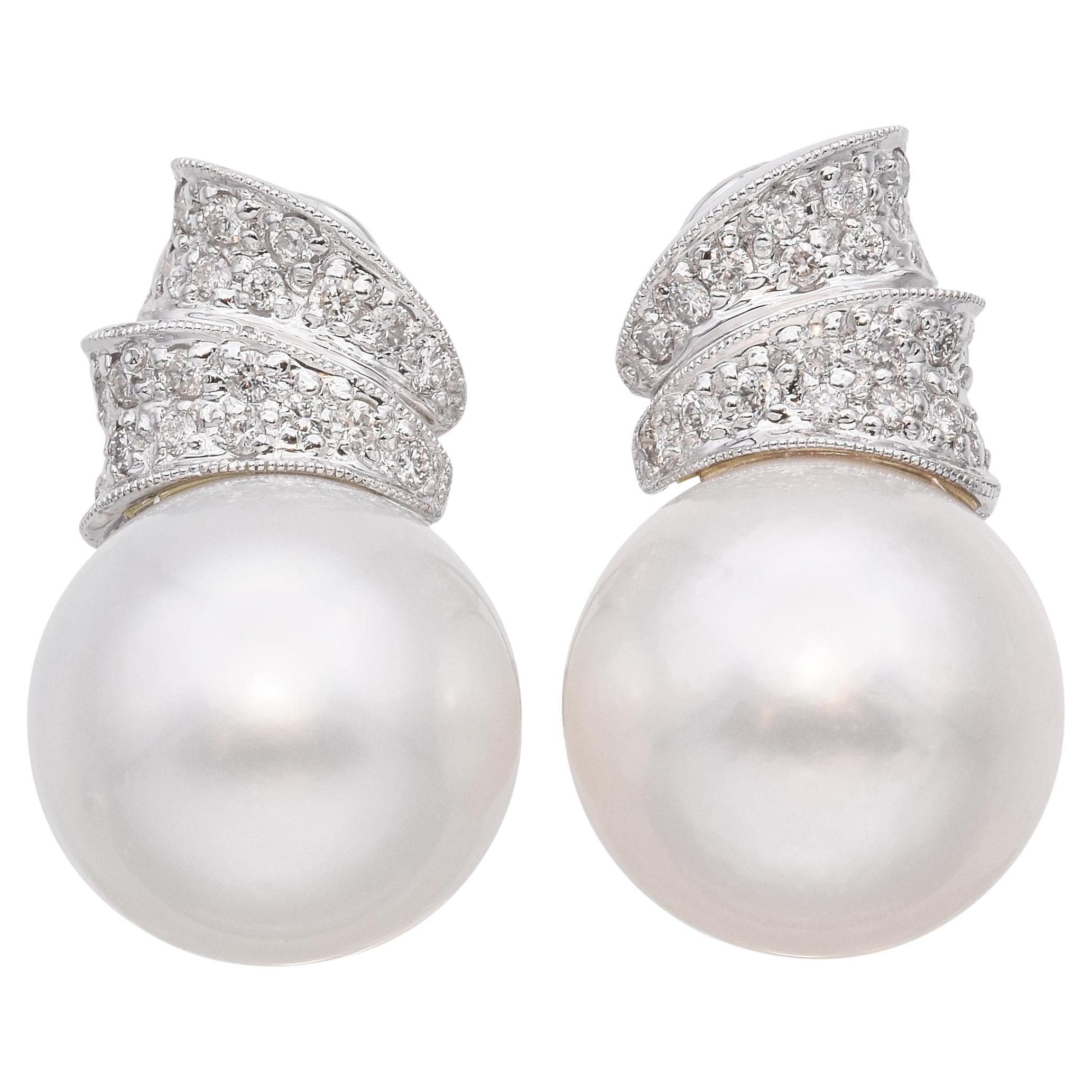 Vintage 18k White Gold South Sea Pearl and Diamond Drop Earrings For Sale