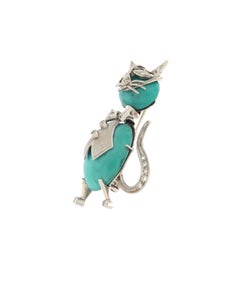 Vintage 18K White Gold Turquoise Diamond Cat Grain Setting Brooch