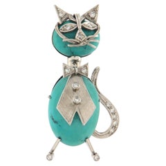 Vintage 18K White Gold Turquoise Diamond Cat Grain Setting Brooch