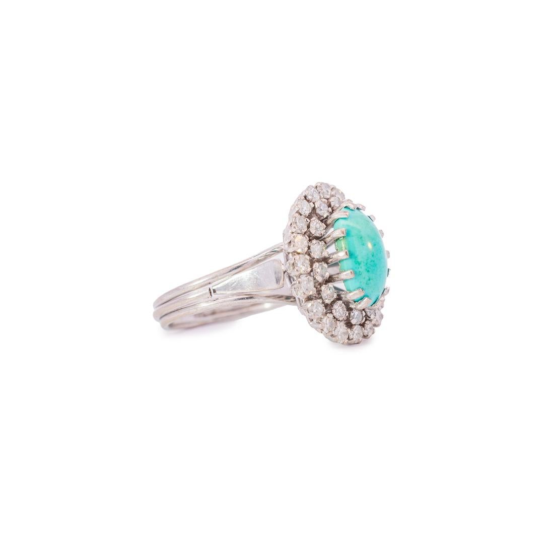 Vintage 18K White Gold Turquoise & Diamonds Cocktail Ring 1.76 ctw In Excellent Condition In Houston, TX