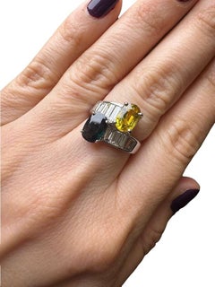 Vintage 18K White Gold Yellow Sapphire & Blue Sapphire Diamond Toi et Moi Ring