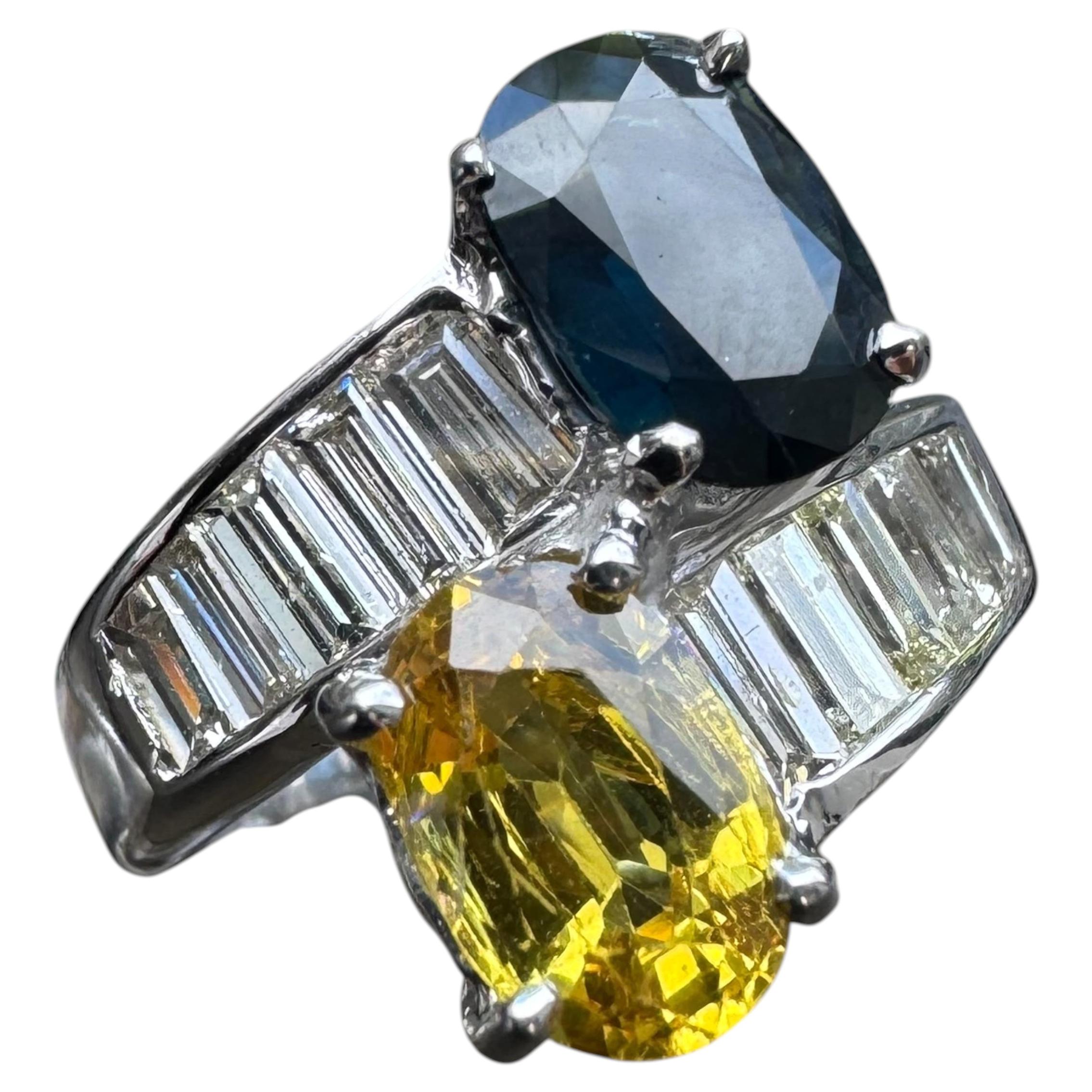 Vintage 18K White Gold Yellow Sapphire & Blue Sapphire Diamond Toi et Moi Ring