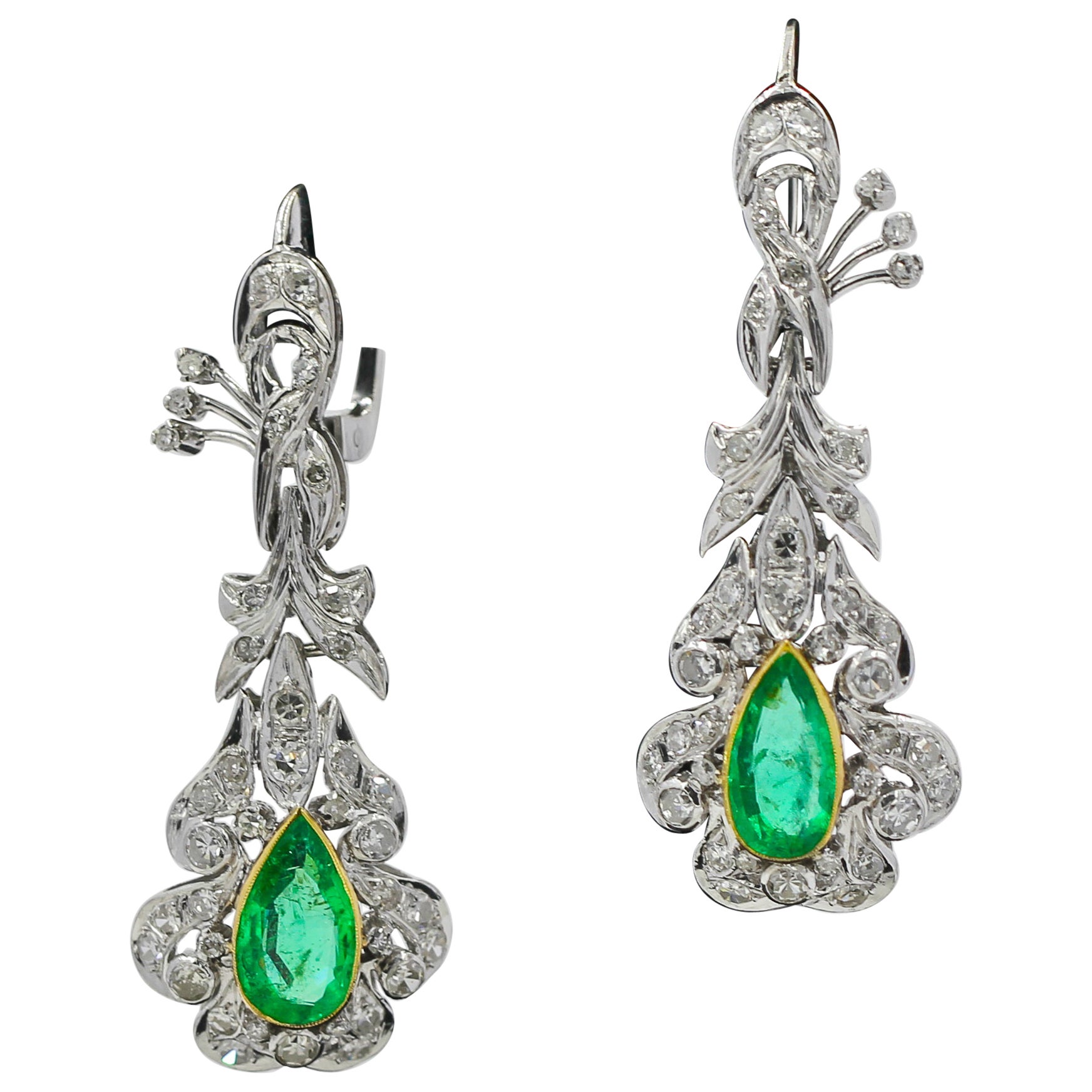 Vintage 18K White-yellow Gold 5.7 CTW Colombian Emerald Diamond Dangle Earrings