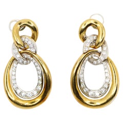 Vintage 18K White 
Yellow Gold Diamonds Twisted Double Oval Hoop Earrings