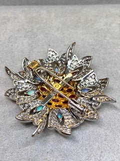 Vintage 18K White Yellow Gold Ruby Diamond Opal Floral Brooch Pendant 14.86ct