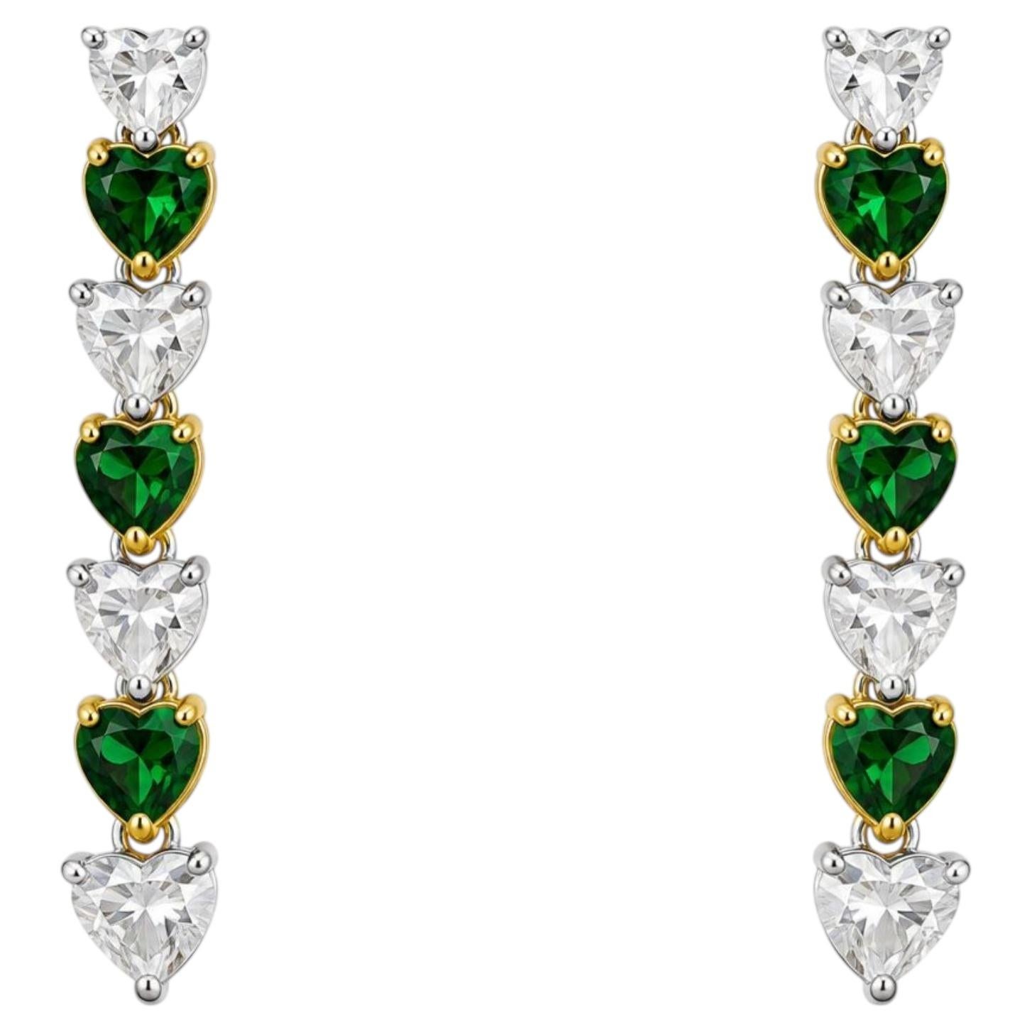 Vintage 18K White & Yellow Gold Tsavorite Garnet & Diamond Heart Drop Earrings