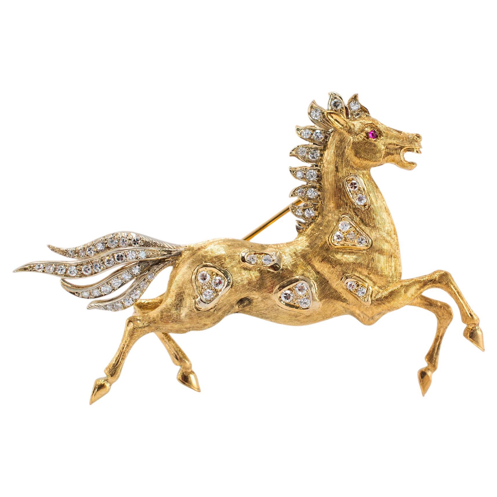 Alfiler de caballo vintage de oro amarillo y blanco de 18 quilates con diamantes y ojo de rubí