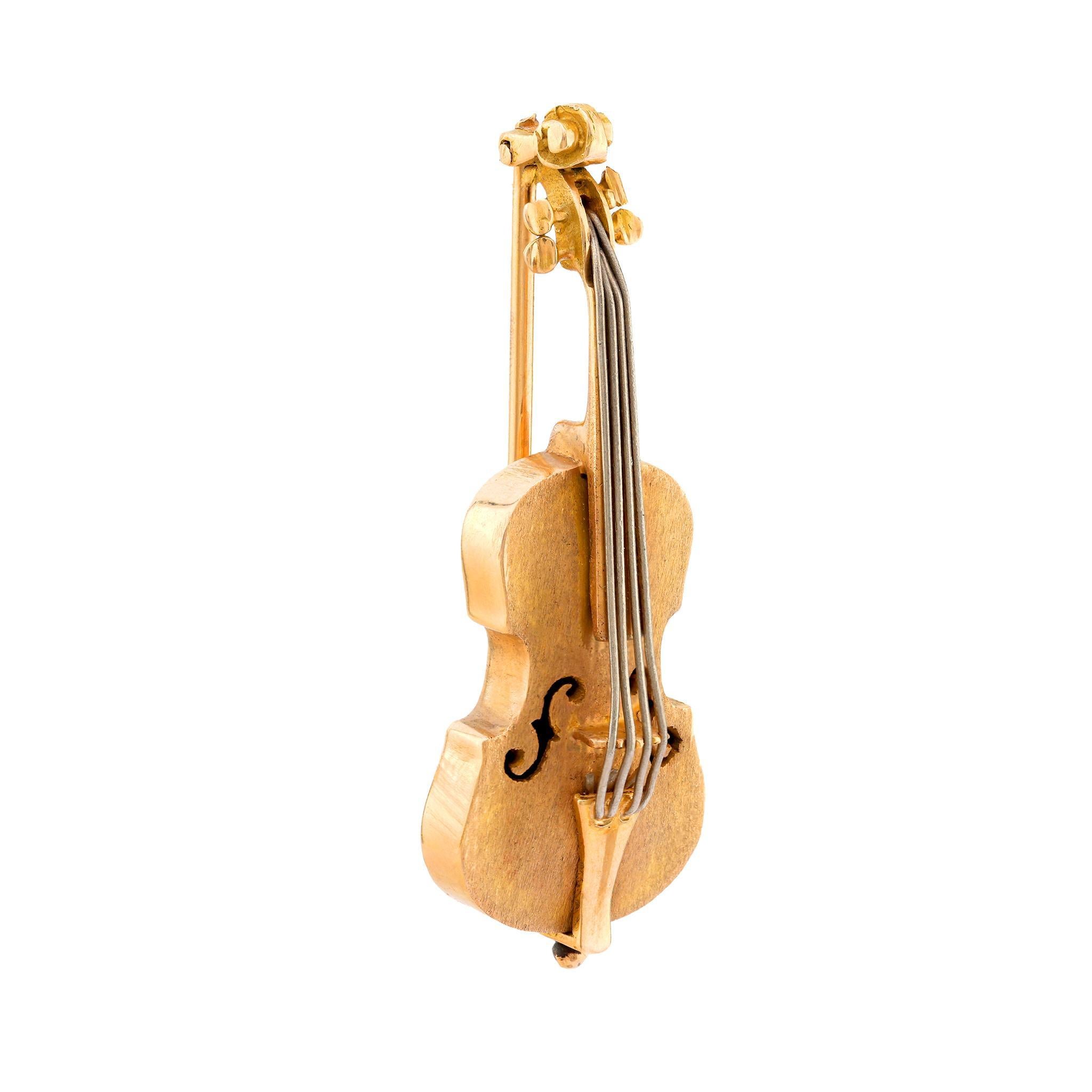 Modern Vintage 18k yellow and white gold violin brooch For Sale