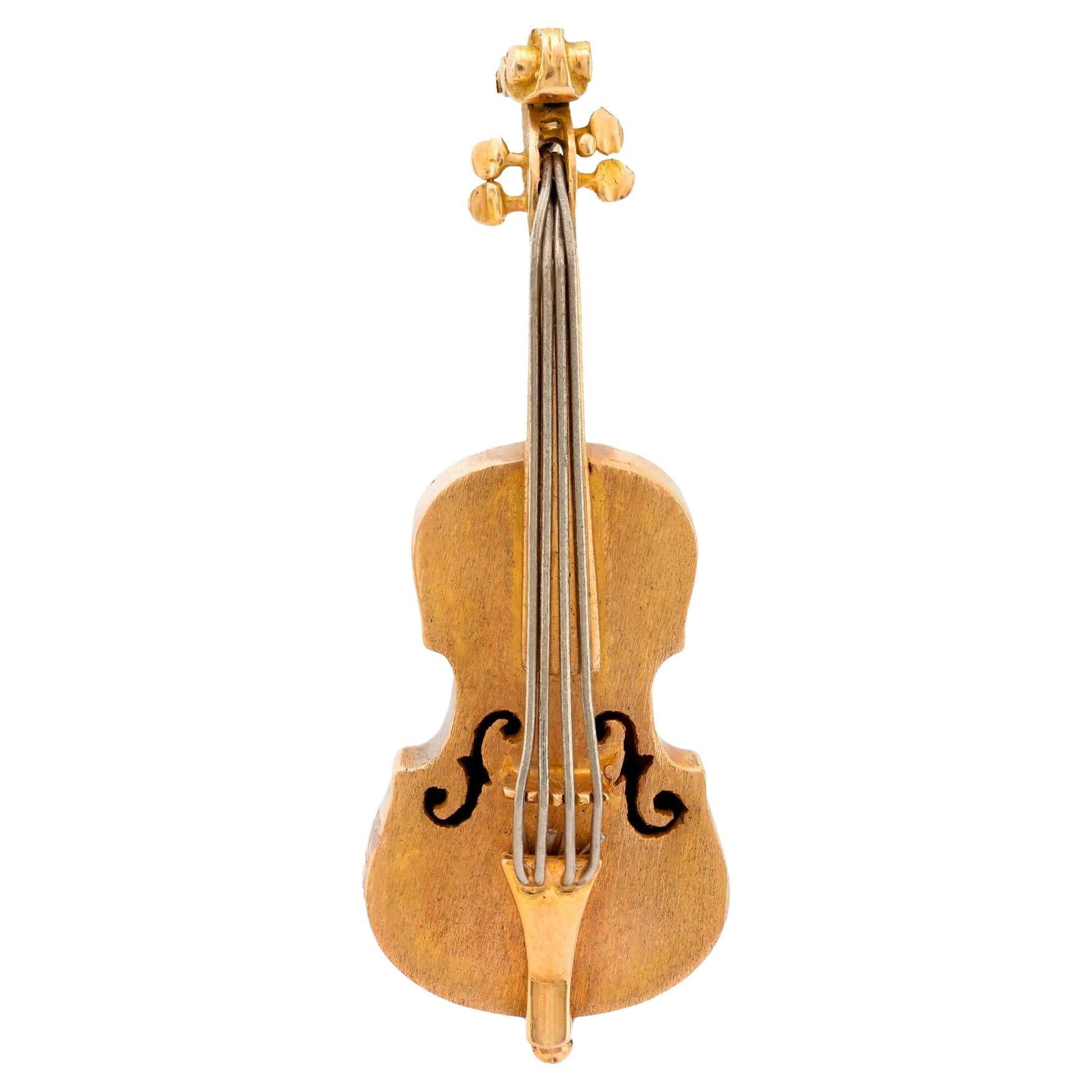 Vintage 18k yellow and white gold violin brooch