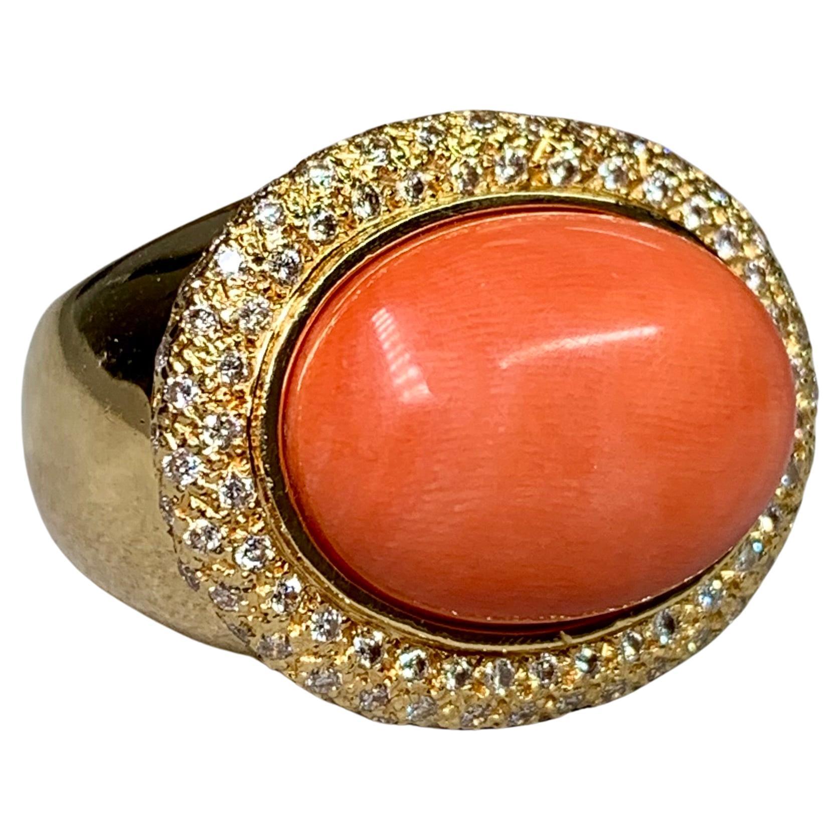 Vintage 18K Yellow Cabochon Pink Coral Pave Diamond Heavy Cocktail Ring Sz 7.25