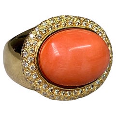 Vintage 18K Yellow Cabochon Pink Coral Pave Diamond Heavy Cocktail Ring Sz 7.25