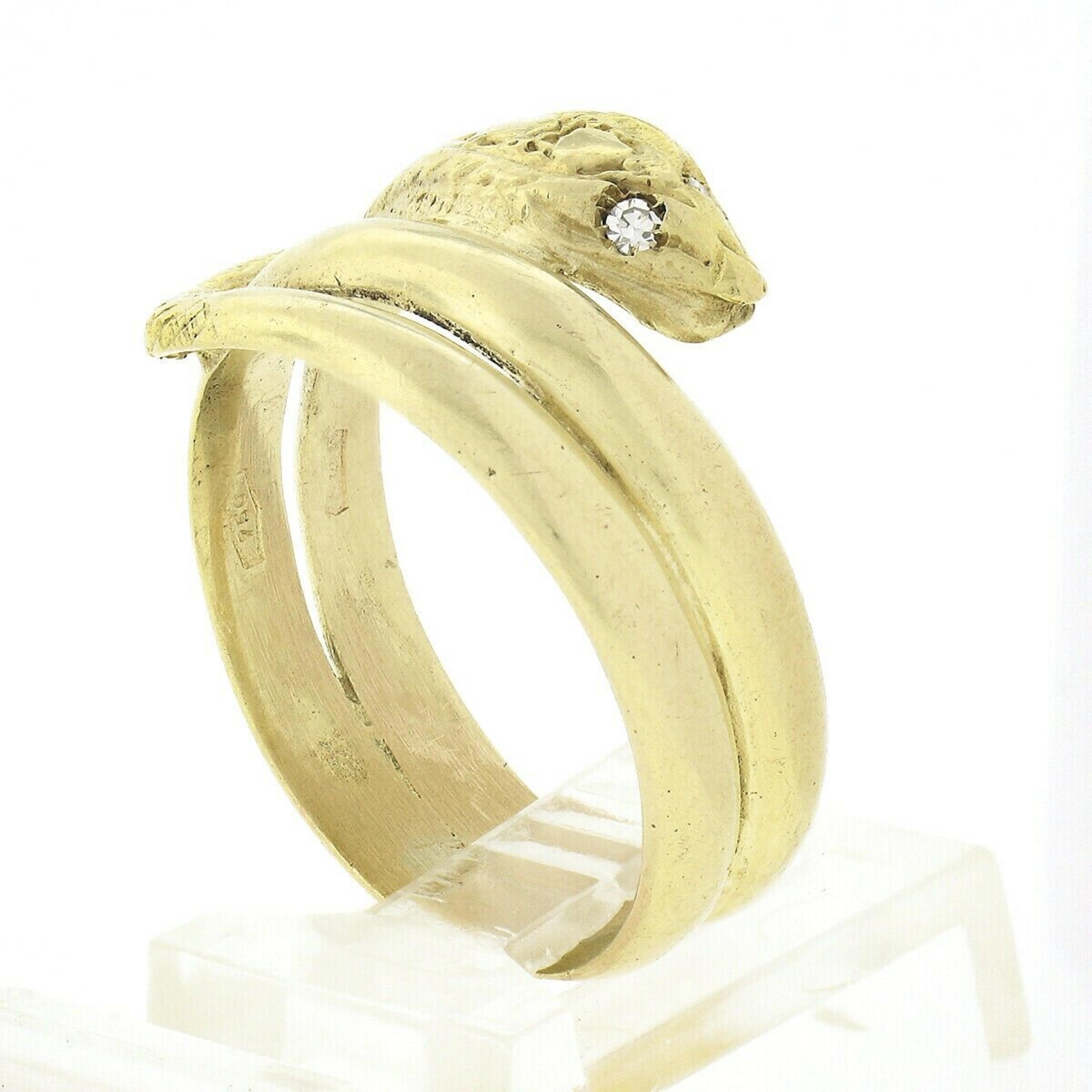 Vintage 18k Yellow Gold 0.04ct Diamond Textured Coiled Snake Wrap Wide Band Ring For Sale 2