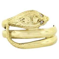 Vintage 18k Yellow Gold 0.04ct Diamond Textured Coiled Snake Wrap Wide Band Ring