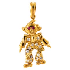 Ciondolo vintage a forma di clown con occhi di rubino e diamanti, in oro giallo 18 carati, 0,31 carati in totale