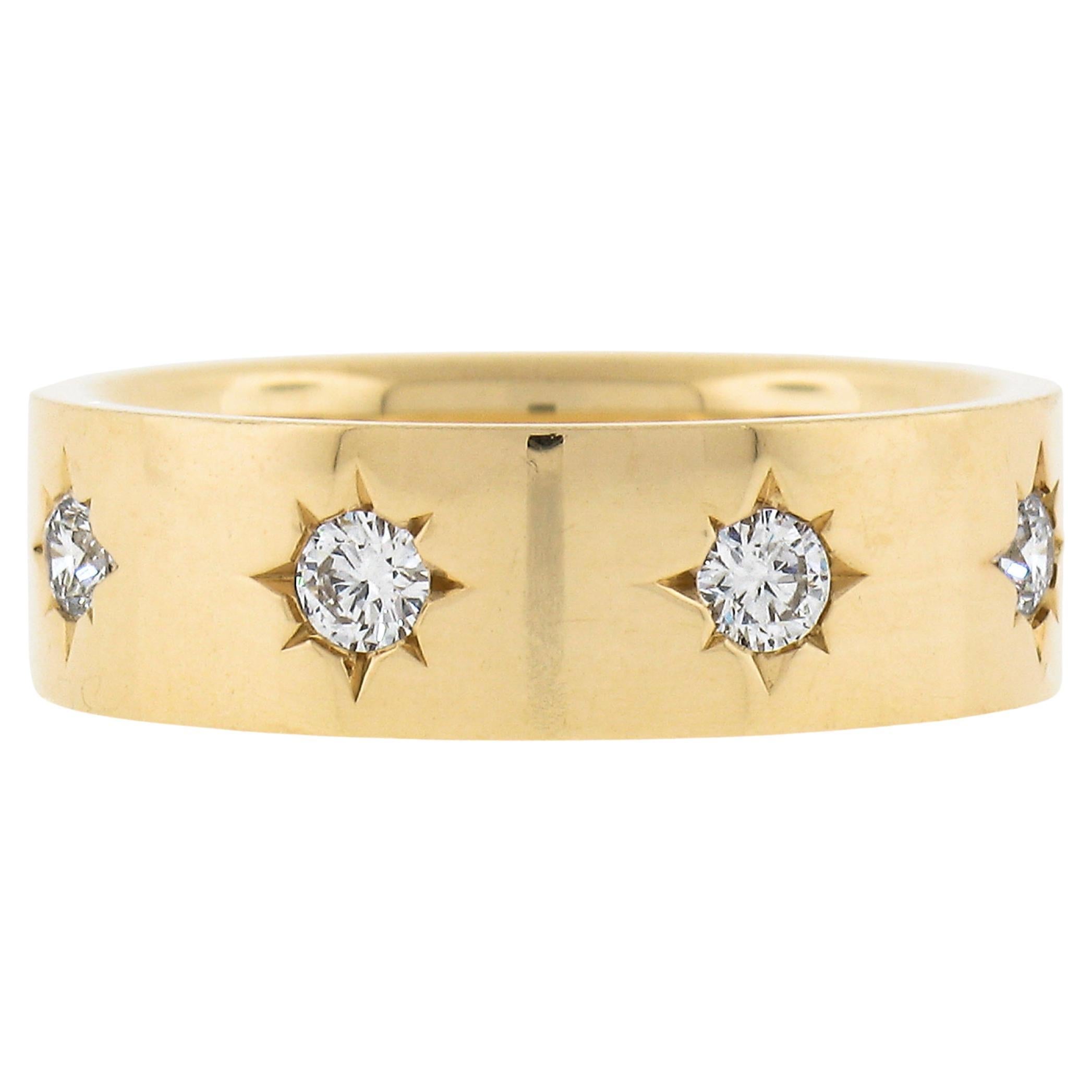 Anillo vintage de oro amarillo de 18 quilates con diamantes en pavé en forma de estrella de 0,54 quilates y banda ancha de eternidad cuadrada