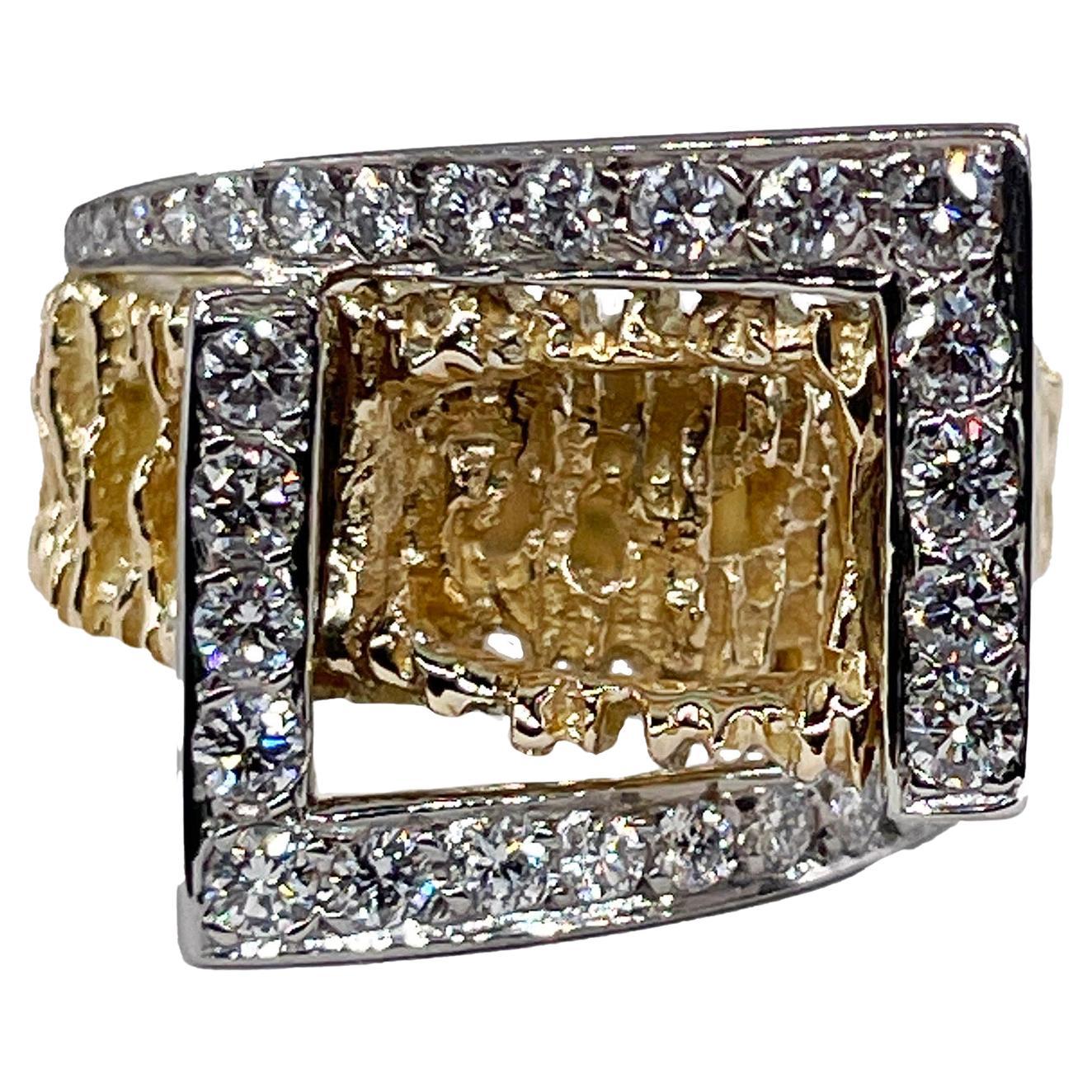 Vintage 18K Yellow Gold 0.80ct Diamond Nugget Free Form Ring; Diamond Dinner Ring; Diamond Sculptural Geometric Architectural Ring.
From the fabulous and glamorous 1970s comes this splendid Diamond Nugget Ring that reminds of the California Gold