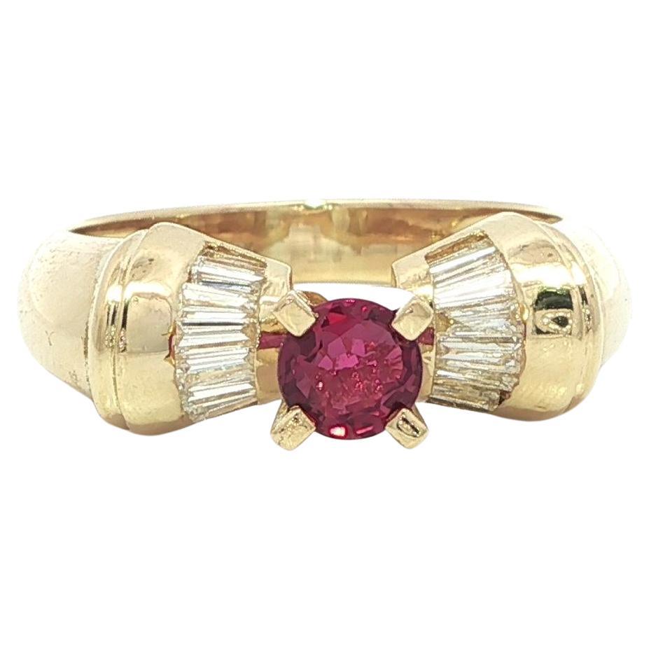 Vintage 18k Yellow Gold 0.95ctw Round Ruby 
Baguette Diamond High Profile Ring
