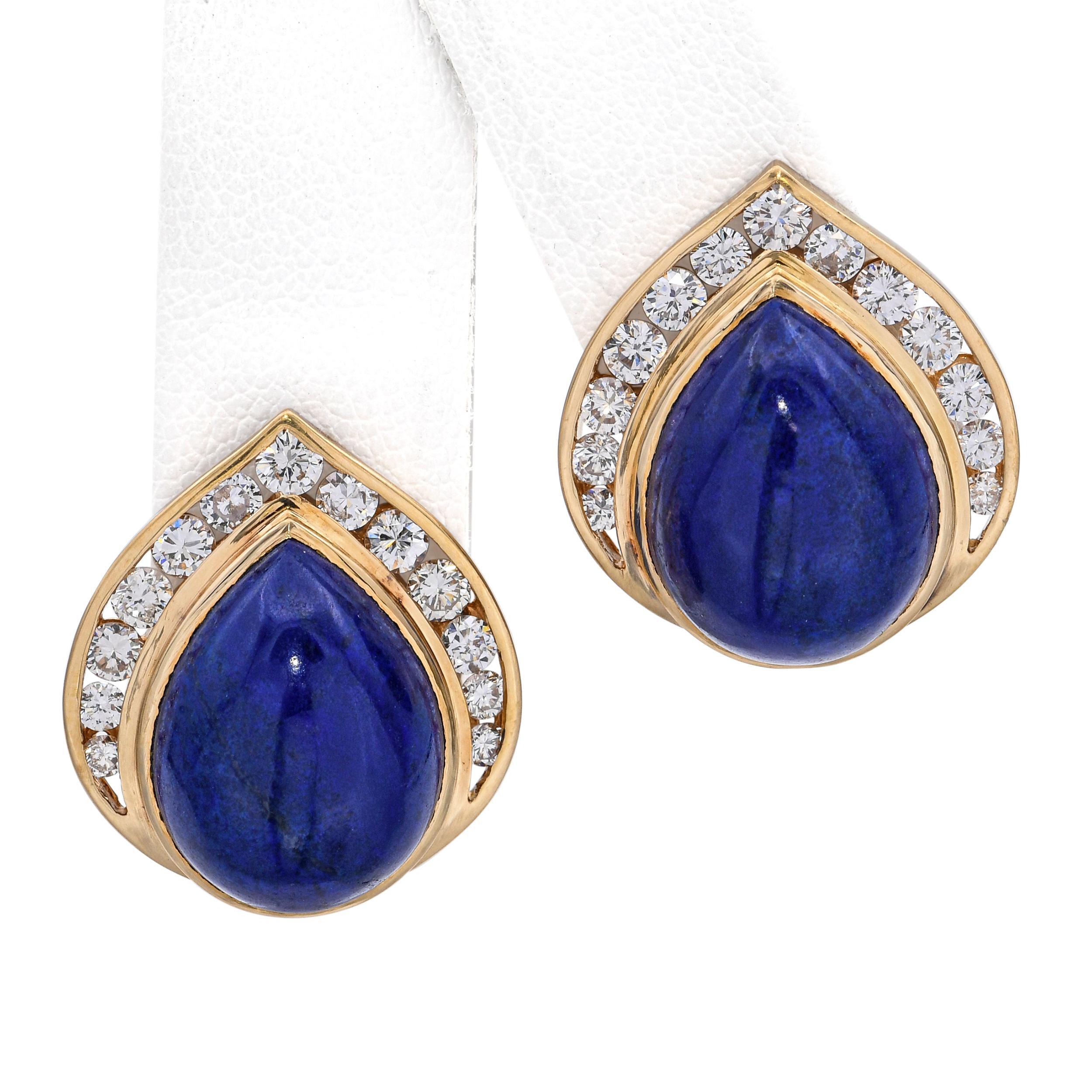 De las mujeres Pendientes vintage de oro amarillo de 18k con diamantes y lágrima de lapislázuli de 1,02 tqc en venta