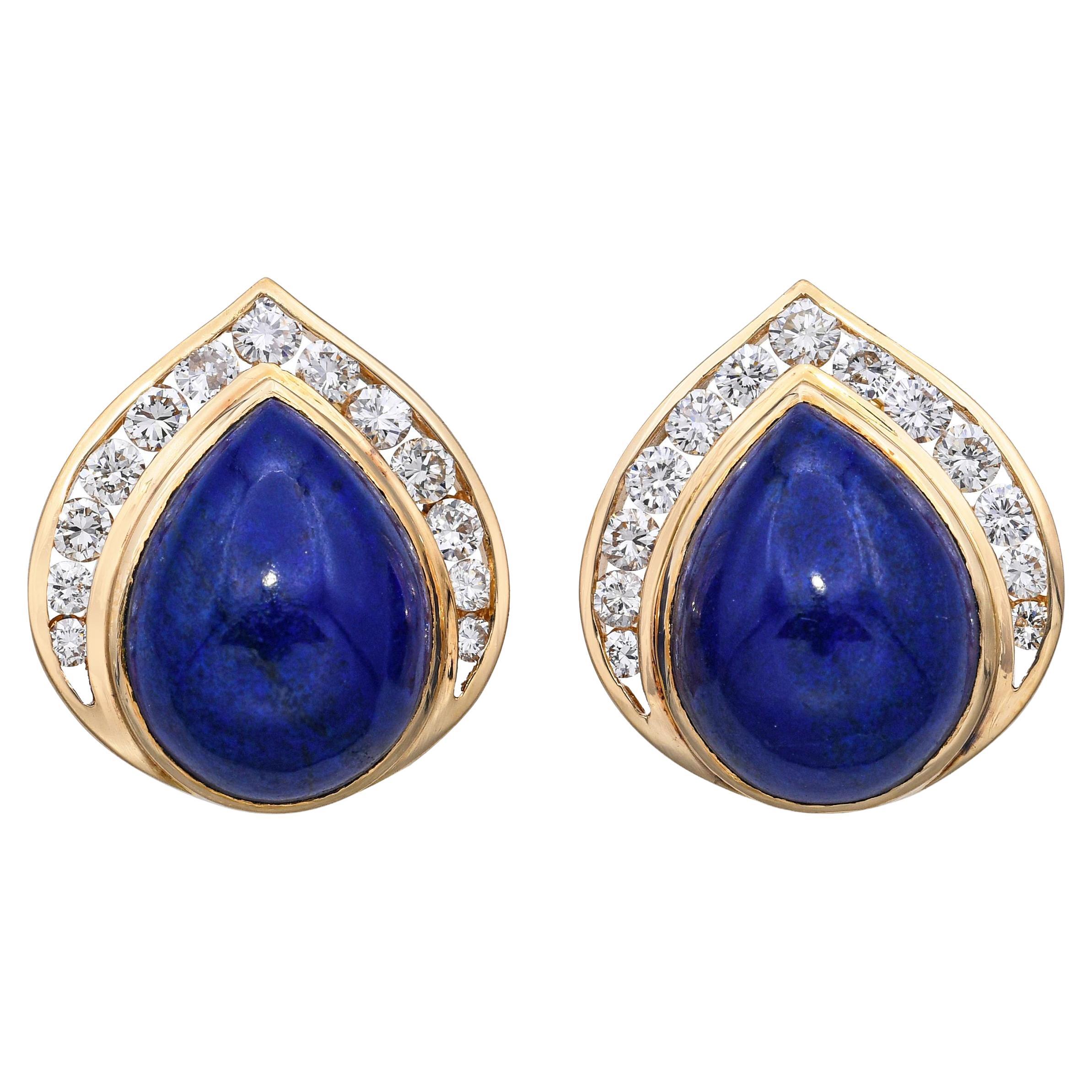 Pendientes vintage de oro amarillo de 18k con diamantes y lágrima de lapislázuli de 1,02 tqc
