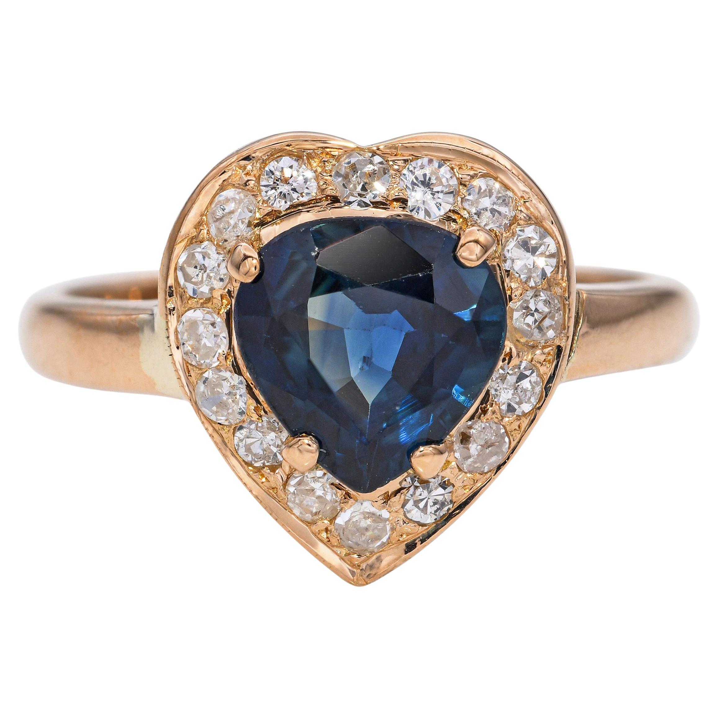 Anillo halo vintage de oro amarillo de 18k con zafiro no calentado y diamantes de 1,0 ct en venta