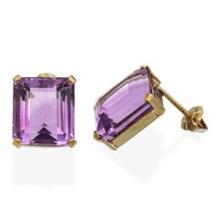 Vintage 18k Yellow Gold 11.36tcw Emerald-Cut Amethyst Stud Earrings