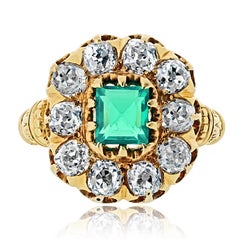 Anello vintage in oro giallo 18 carati con smeraldo verde e diamanti da 1,14 carati
