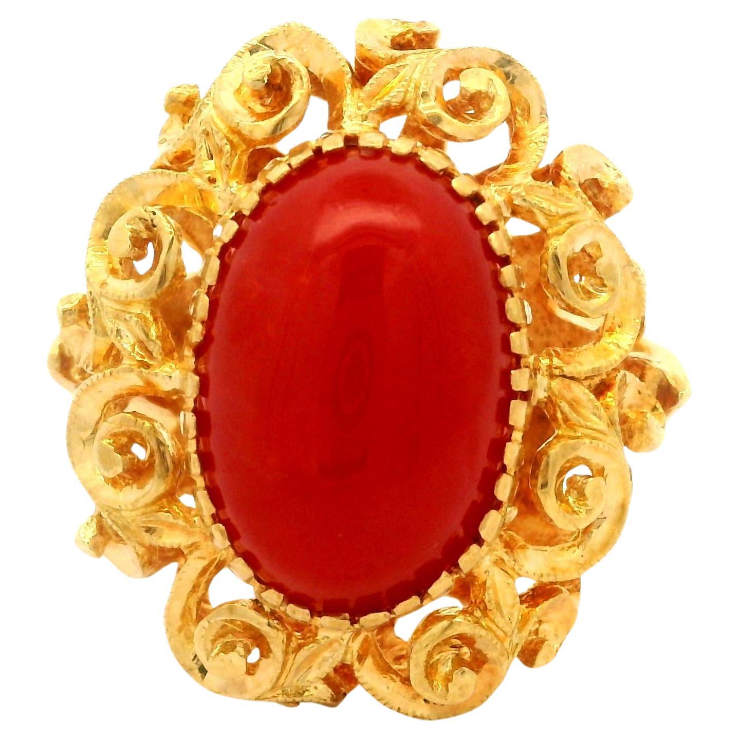 Vintage 18k Yellow Gold 11.6x7.7mm Oval Cabochon Coral Ornate Cockatil Ring
