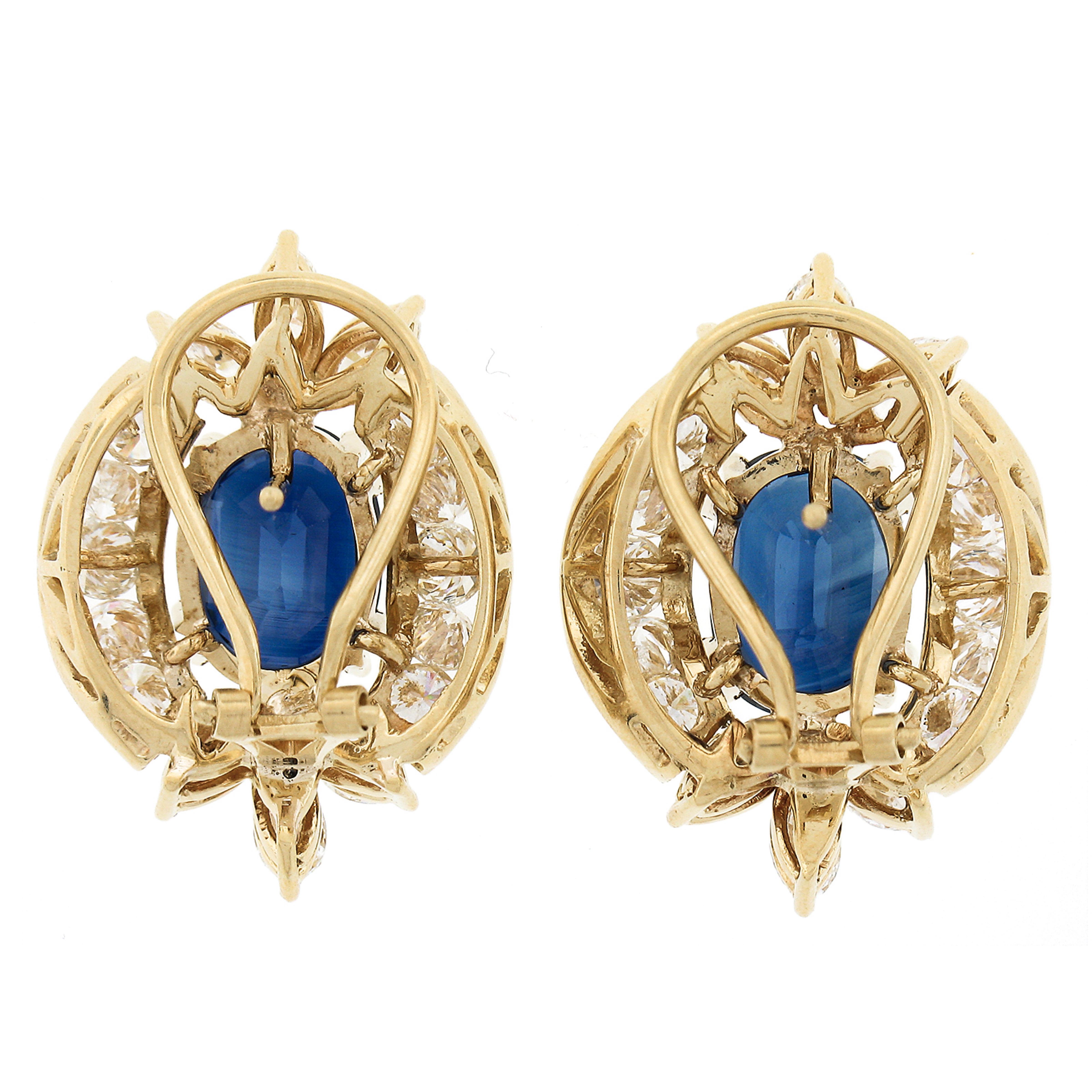 Women's Vintage 18k Yellow Gold 12.90ctw GIA Oval Sapphire & Diamond Statement Earrings For Sale