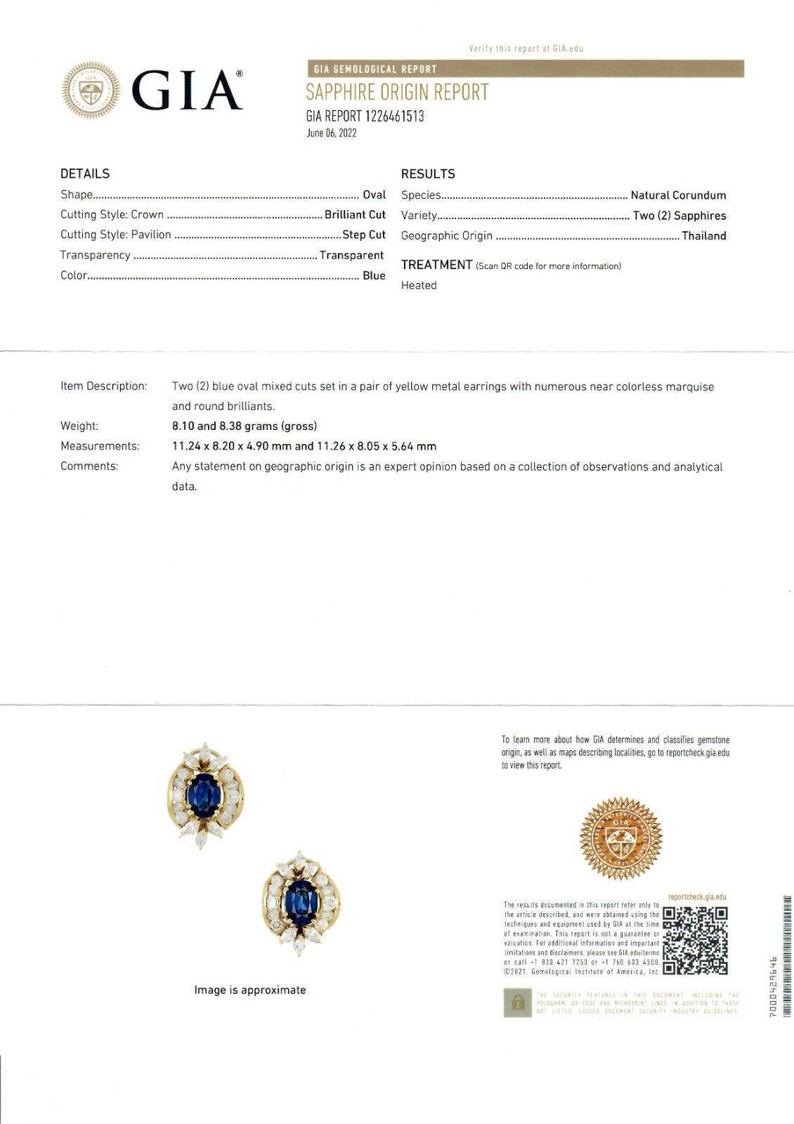 Vintage 18k Yellow Gold 12.90ctw GIA Oval Sapphire & Diamond Statement Earrings For Sale 3