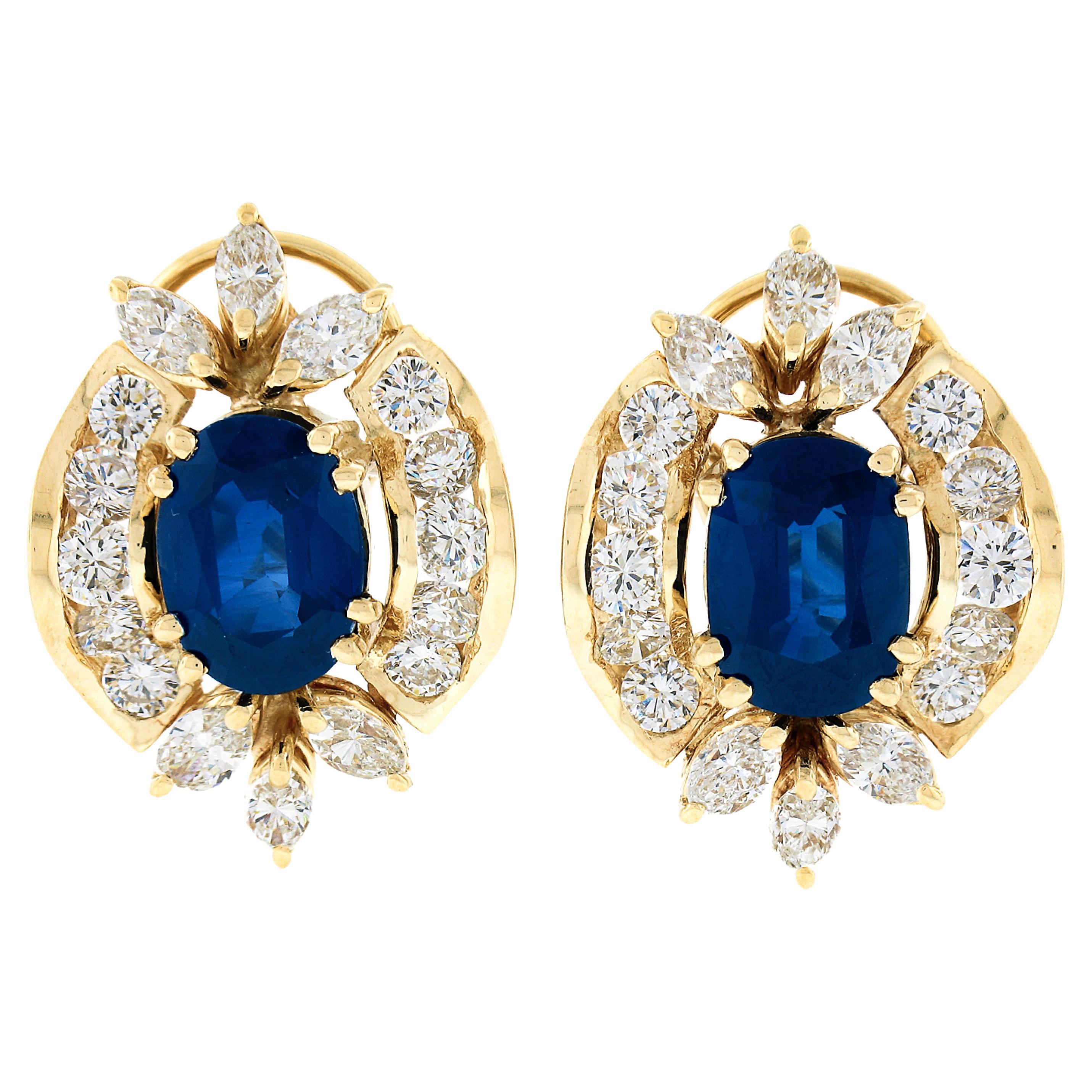 Vintage 18k Yellow Gold 12.90ctw GIA Oval Sapphire & Diamond Statement Earrings For Sale