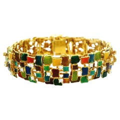 Vintage 18k Yellow Gold 1.30ctw Diamond & Multicolor Enamel Mosaic Link Bracelet