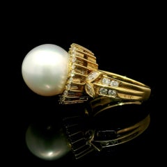 Vintage 18k Yellow Gold 13.30mm Large South Sea Pearl w/ Diamond Cocktail Ring