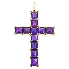Ciondolo a croce in oro giallo 18k vintage con ametista da 13,75tcw