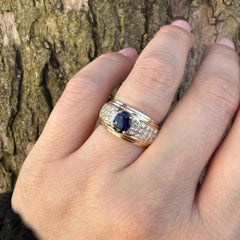 Vintage 18k Yellow Gold 1.48ctw Oval Sapphire Bezel Pave Diamond Wide Band Ring