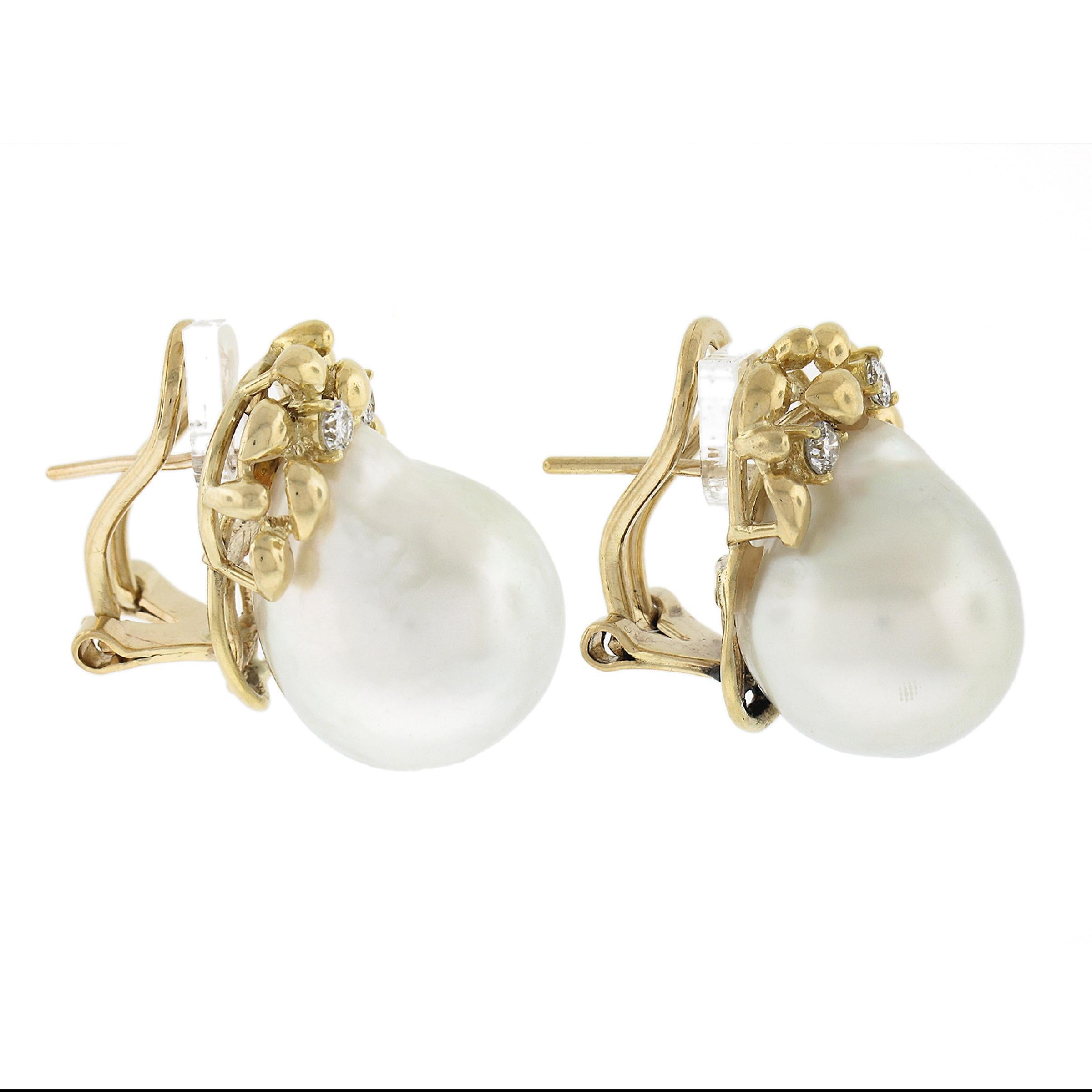 Round Cut Vintage 18K Yellow Gold 14mm South Sea Pearls w/ 0.20ctw Diamonds Omega Earrings For Sale
