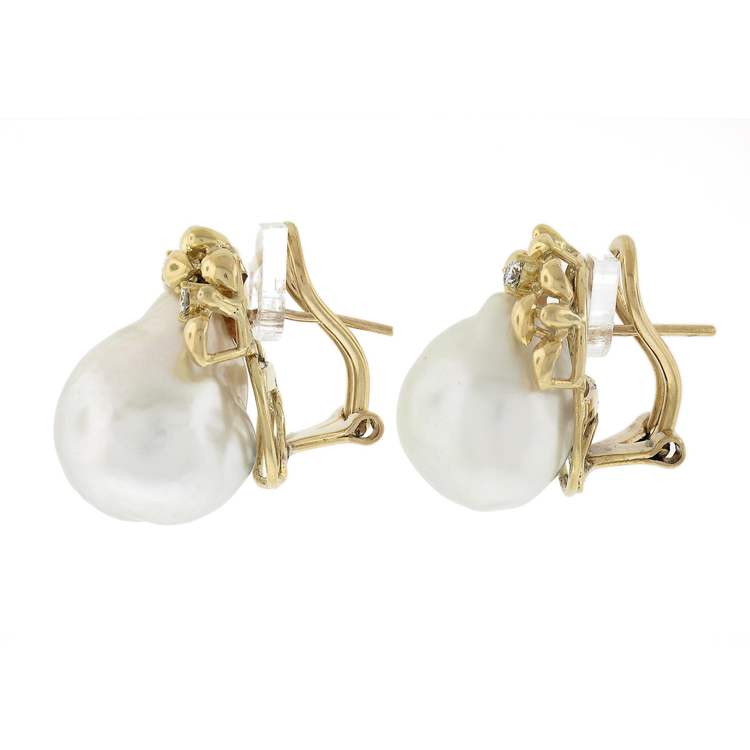 Vintage 18K Yellow Gold 14mm South Sea Pearls w/ 0.20ctw Diamonds Omega Earrings In Excellent Condition For Sale In Montclair, NJ